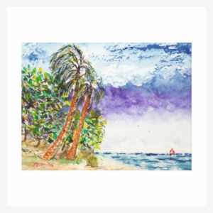 Lone Sail Boat & Palm Trees North Carolina Beach Stretched - Canvas