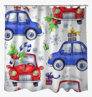 Watercolor Seamless Pattern With Cartoon Holidays Cars - Photograph