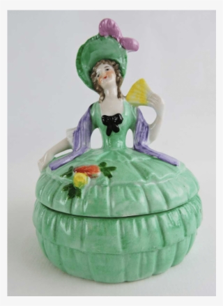 German Figural Porcelain Powder Box Lady In Green With