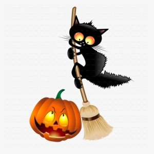 Cartoon Cat On Witch Broom-png - Cartoon Halloween Cat Png