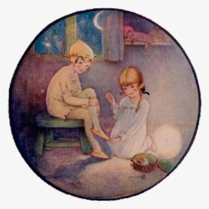 Roundel-shaped Color Illustration Showing Wendy Sewing