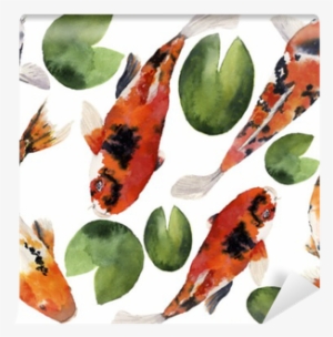 Watercolor Oriental Rainbow Carp With Water Lily Seamless - Watercolor Painting