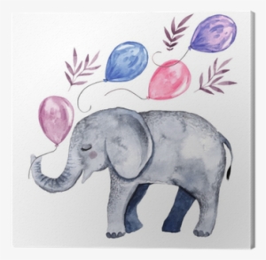 Cute Illustration With Baby Elephant And Balloons Canvas - Ilustracion Animales Acuarela