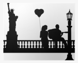 Couple In Love Where A Guy Plays Guitar In New York - Statue Of Liberty Silhouette