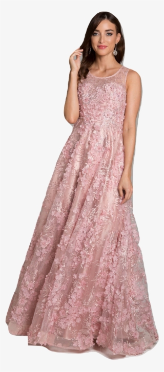 Lara 29943- Sheer High Neck Floral Applique Lace Gown
