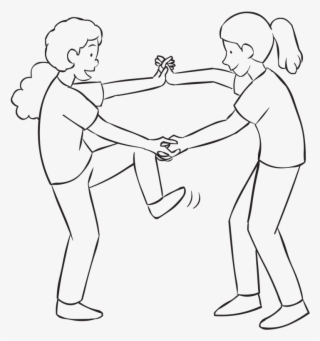 Back Two Women Holding Hands And Attempting To Step - Line Art