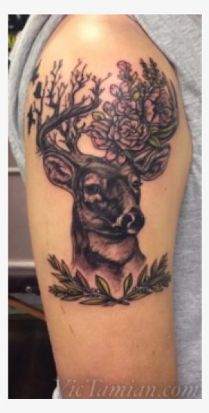 Deer Buck Hunt Nature Antler Flower Flowers Birds Lifeanddeath - Buck And Fawn Tattoo