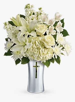White Hydrangea And Lilies In A Ceramic Vase With A