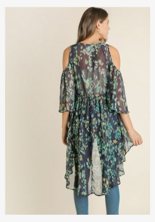 Navy Feather Print Cold Shoulder Duster - Day Dress