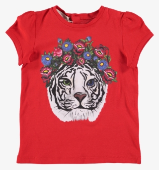 Picture Of Babies Tiger Flower Print T-shirt Red