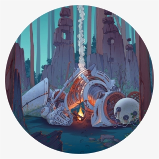 A Decaying Body Of A Giant Robot Lying Surrounded By - Illustration