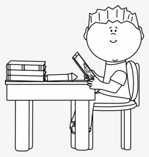 Black And White Boy At School Desk With Tablet Clip - Girl Sit On Chair Clipart Black And White