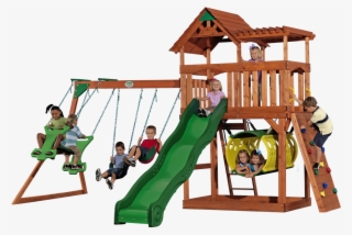 Great Swingset With Raised Fort, Wood Roof, Sun Porch, - Playground Slide