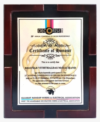 Certificate Of Honoure Given By Sundaram Carpets Awarded - Picture Frame