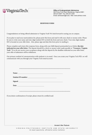 Response To Congratulation Letter - Virginia Tech Admission Letter