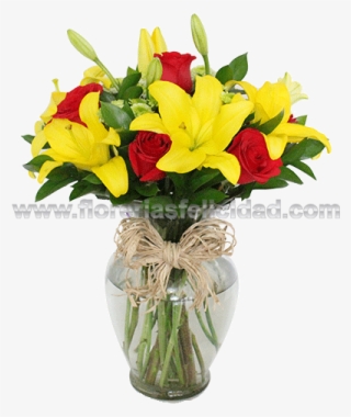 Florero Con Rosas Rojas Y Lilis Amarillas - Lilis Amarillas Con Rosas Rosas