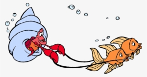 Sebastian In A Shell Led By Two Fish - Sebastian Clipart