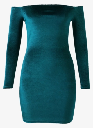 Off The Shoulder Long Sleeve Velvet Dress Lake Green - Day Dress