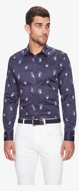 Dark Blue Parrot Floral Print Slim Fit Shirt