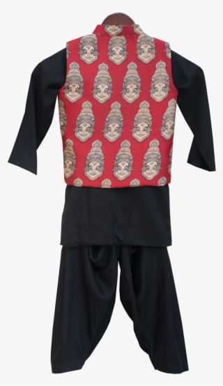 Red Printed Nehru Jacket With Black Kurta & Salwar - Costume