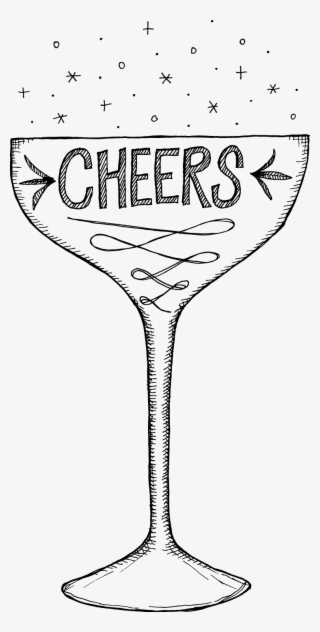 Hand Drawn, Doodle Style Champagne Glass With Cheers - Champagne Stemware