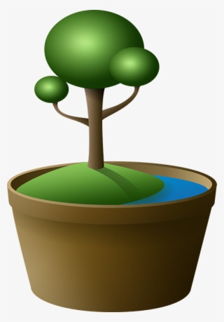 Tree, Bonsai, Vase, Island, Green, Lake, Cartoon - Kartun Bonsai