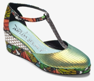 Woman T-strap Wedges In Lime Green Metallic Engraved