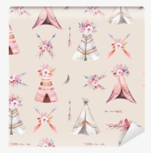 Hand Drawn Watercolor Tribal Teepee Seamless Pattern, - Tipi