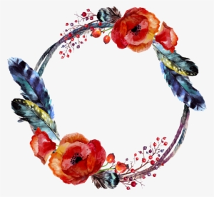Floral Wreath Watercolor Frame Boho Ftestickers - Flowers And Feathers Png