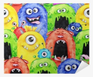 Watercolor Seamless Pattern With Funny Monster Heads - Party