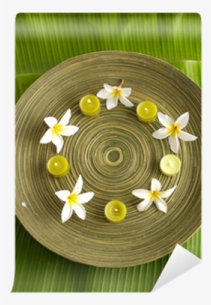 Frangipani And Candle In Bowl On Green Banana Leaf - Singapore Graveyard Flower
