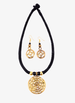 Dhokra Black Necklace With Round Golden Pendant - Earrings