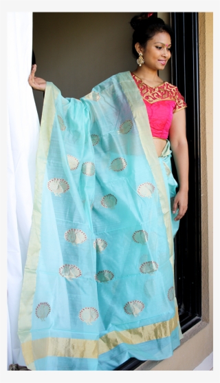 Chanderi Silk Saree In Turquoise With Large Motifs - Silk