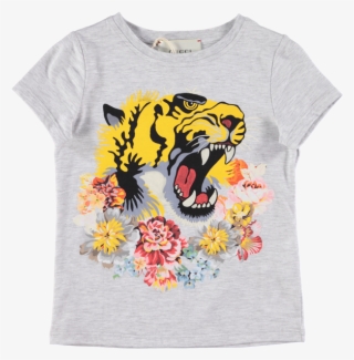 Picture Of Floral Tiger & Bumblebee Print T-shirt Grey - Shirt