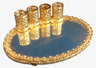 Vintage Silver Plate Vanity Mirror Tray Gold Filigree - Crystal