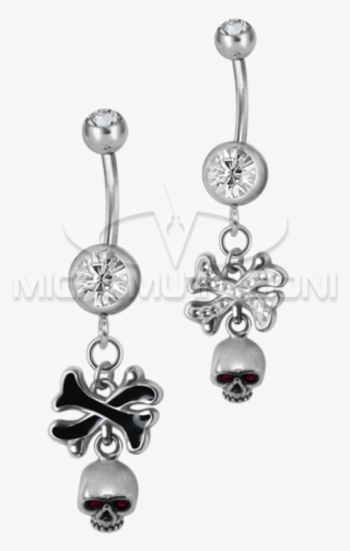 Steel Dangling Double Jewelled Bananabell With Skull - Earrings