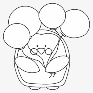 Black And White Penguin With Balloons Clip Art - Penguin Holding Balloons Outline