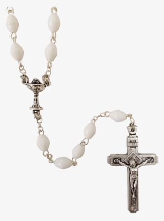 First Communion Simulated White Plastic Oval Rosary - Cross