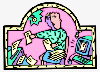 Vector Illustration Of Multitasking Office Worker Printing - Cartoon