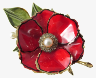 Vendome Red Enamel, Faux Pearl & Rhinestone Poppy Flower - Rose