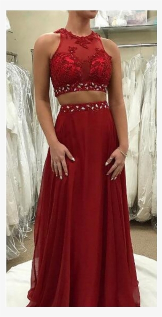 Chiffon, A-line, Red, Two Pieces Prom Dress - Dark Red Two Piece Prom