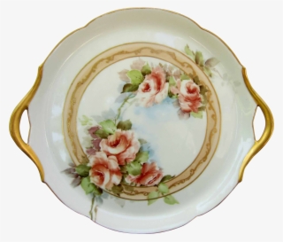 Jean Pouyat Limoges 10 ½” Peach Roses Handled Tray- - Pouyat Limoges Signed Bond
