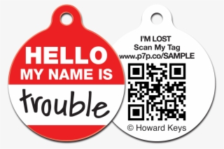 Qr Code Pet Id Tag With A "hello, My Name Is Trouble" - Circle
