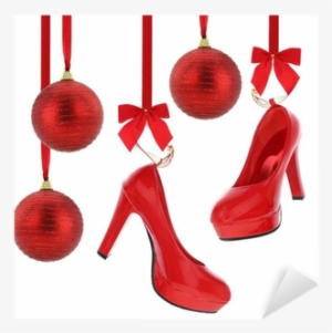 High Heels Shoes And Christmas Balls Hanging On Red - Tacones Colgando
