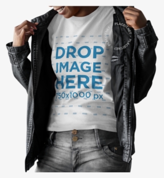 Woman Wearing A Round Neck T-shirt Template And A Leather - Shirt