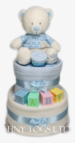 Cute Two Tier Nappy Cake For Baby Boy With Baby Building - Teddy Bear
