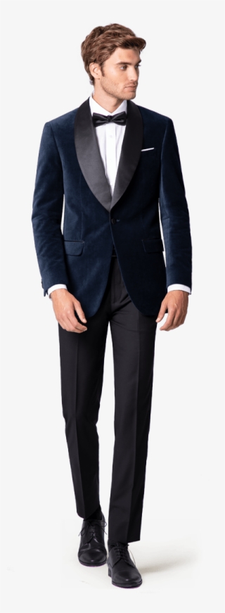 Blue & Black Round Lapel Velvet Tuxedo - Suits Slim