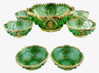 Antique Northwood Green Glass Berry Set Gold Trim Memphis - Ceramic