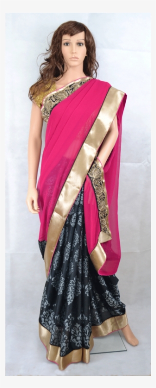 Clip Transparent Pink Black Chiffon Saree With Golden - Velvet