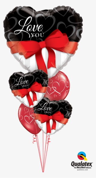 Red Ribbon Love Heart Balloon Bouquet - Valentines Day Balloon Bouquet Qualatex